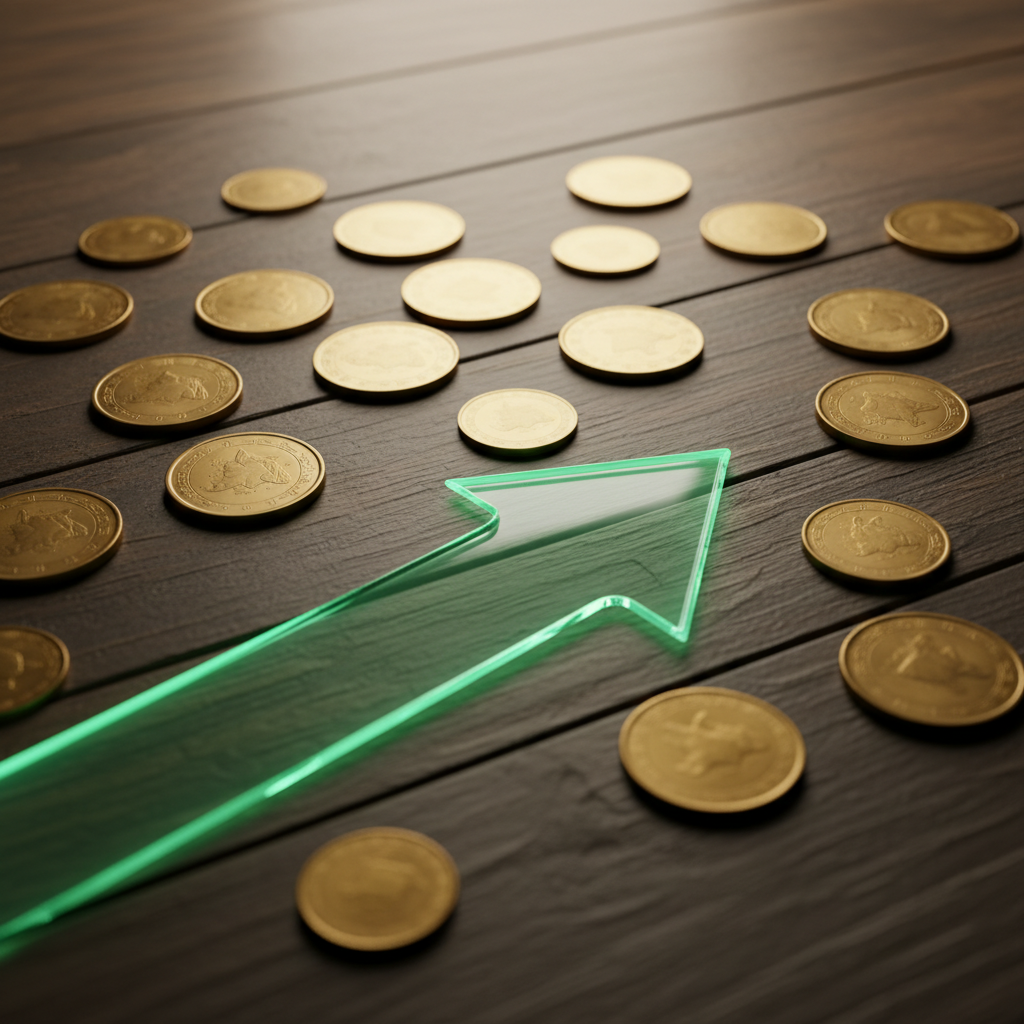 A collection of gold coins arranged on a wooden table with a conceptual upward green arrow reflecting on the surface, clean and modern composition, warm balanced lighting, no text, 1:1