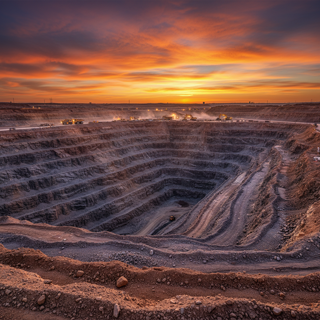 A wide view of a modern open pit gold mine at sunset, heavy machinery working in the distance, rich orange and golden sky, realistic photography, detailed texture, no text, 4:3