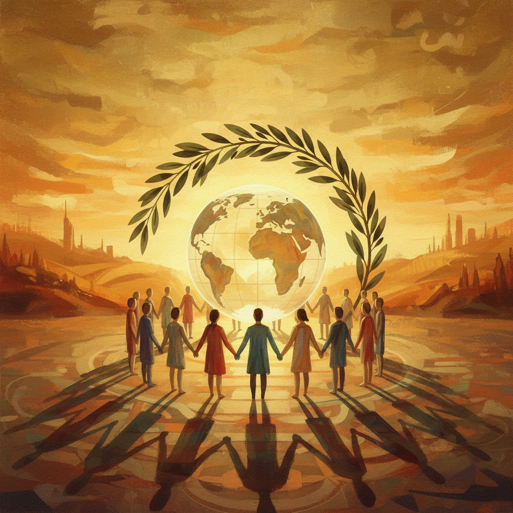 An artistic rendering of a global peace summit, symbolic globe and olive branch, textured background, warm lighting, no text