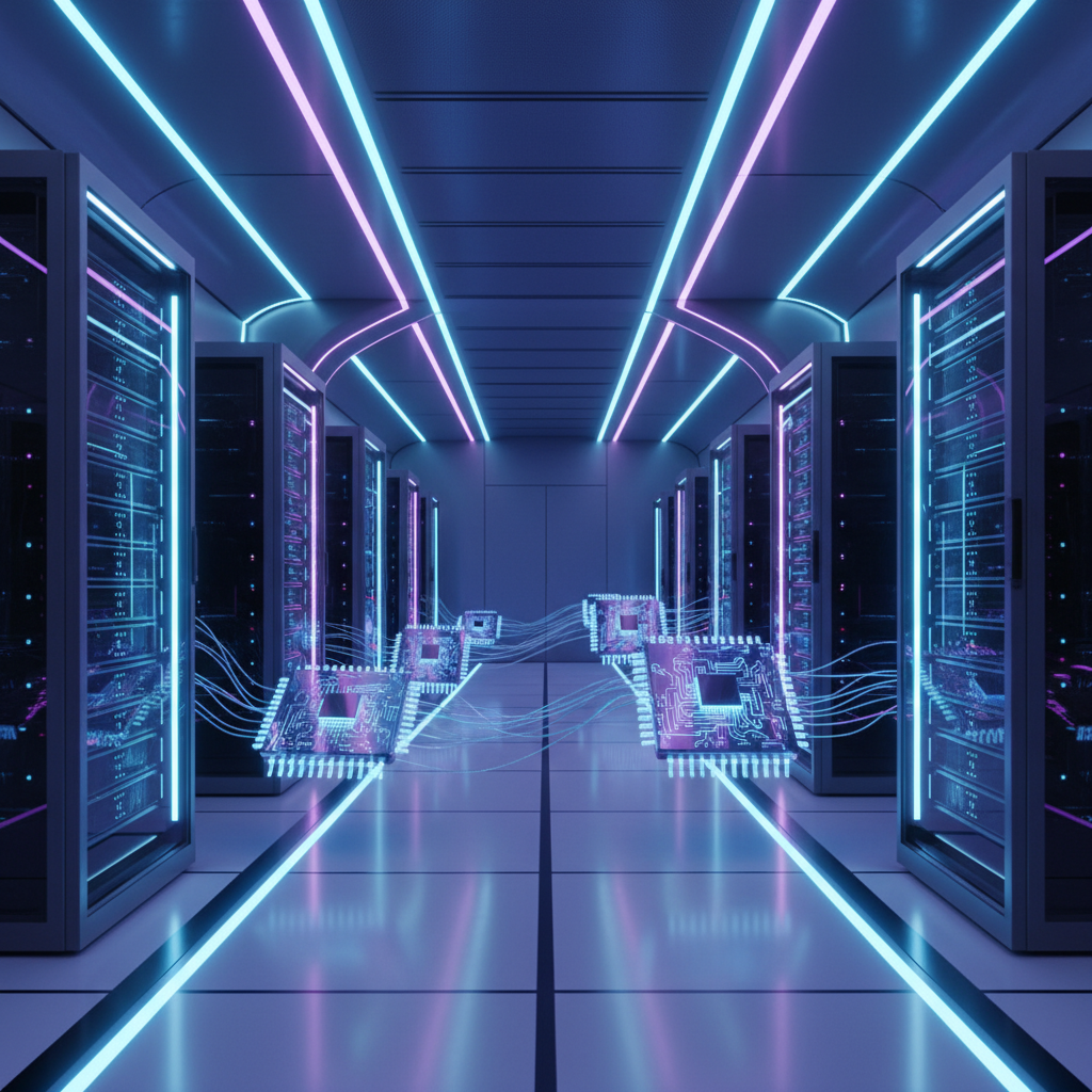 A high-tech AI data center server room with glowing blue and purple lights, futuristic semiconductor chips floating in the foreground, clean modern layout, high contrast, no text