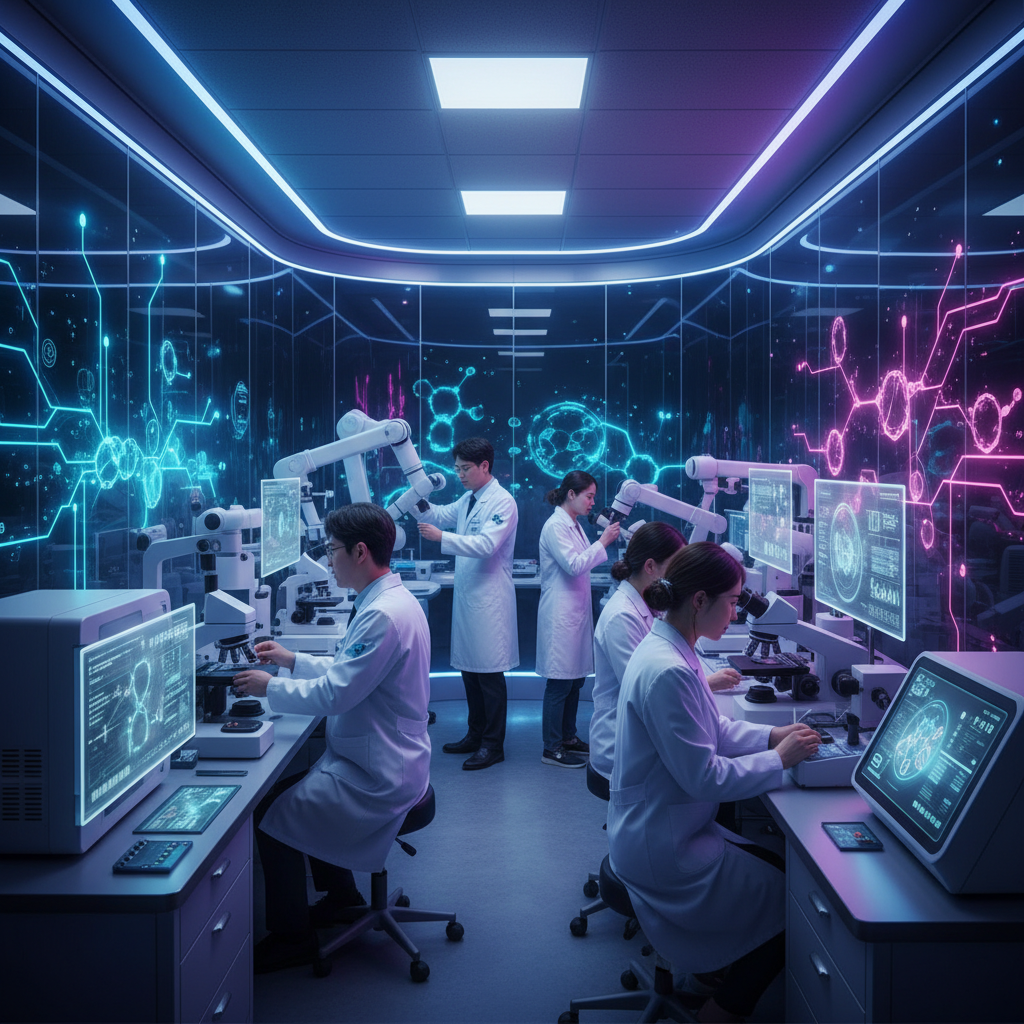 A sleek and modern biotechnology laboratory with researchers in white coats working on advanced medical equipment, vibrant blue and purple lighting, high-tech atmosphere, colored background, Korean researchers included, no text