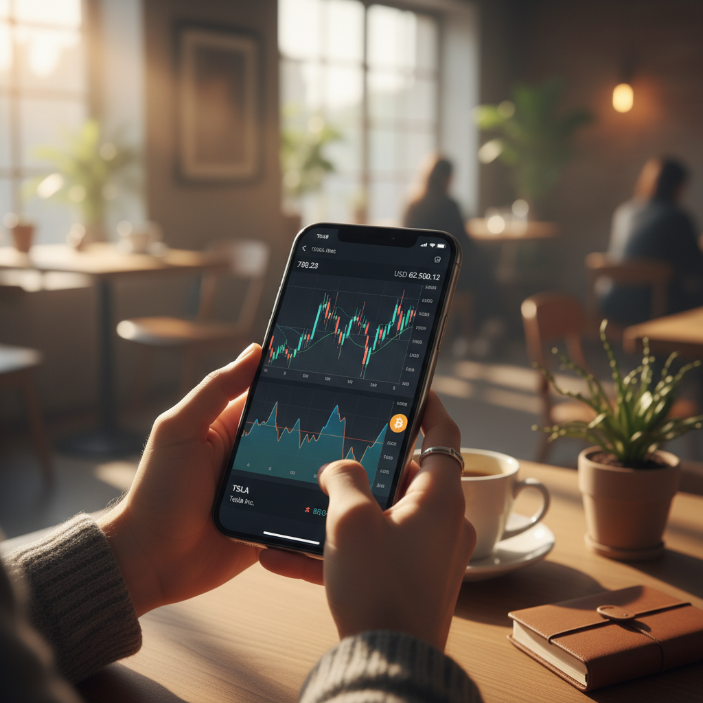 A modern smartphone displaying a sleek trading app with charts for both stocks and crypto, held by a Korean person in a stylish cafe, warm morning sunlight, lifestyle photography, high contrast, no text