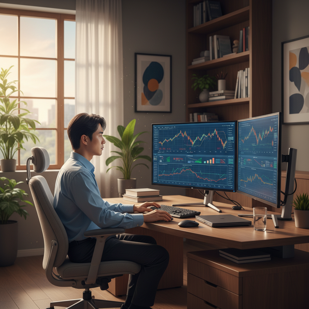 A Korean male investor in a modern home office looking at multiple monitors showing gold price charts and financial data, focused expression, warm evening lighting, stylish interior, no text, 4:3