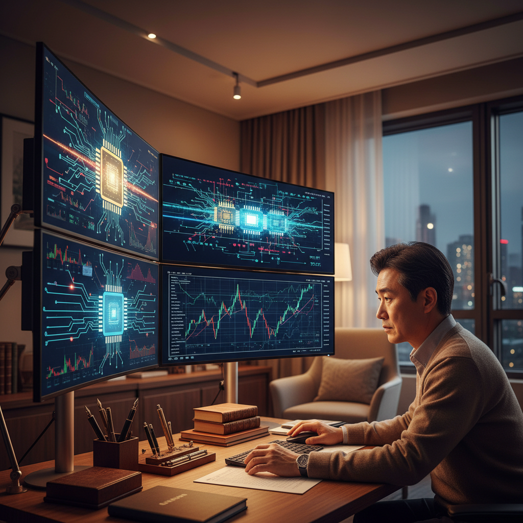 A Korean investor looking at multiple screens with financial charts and digital semiconductor symbols, warm office lighting, lifestyle photography, rich background, no text