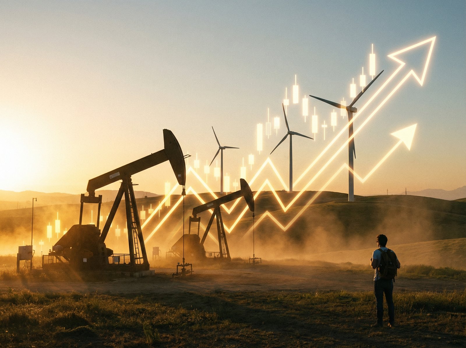 A visual metaphor of oil derricks and wind turbines, with upward-pointing stock charts superimposed, reflecting rising energy stock prices. Emphasize dynamic energy and market growth. Lifestyle photography, warm lighting, natural setting, no visible text, 4:3 aspect ratio.