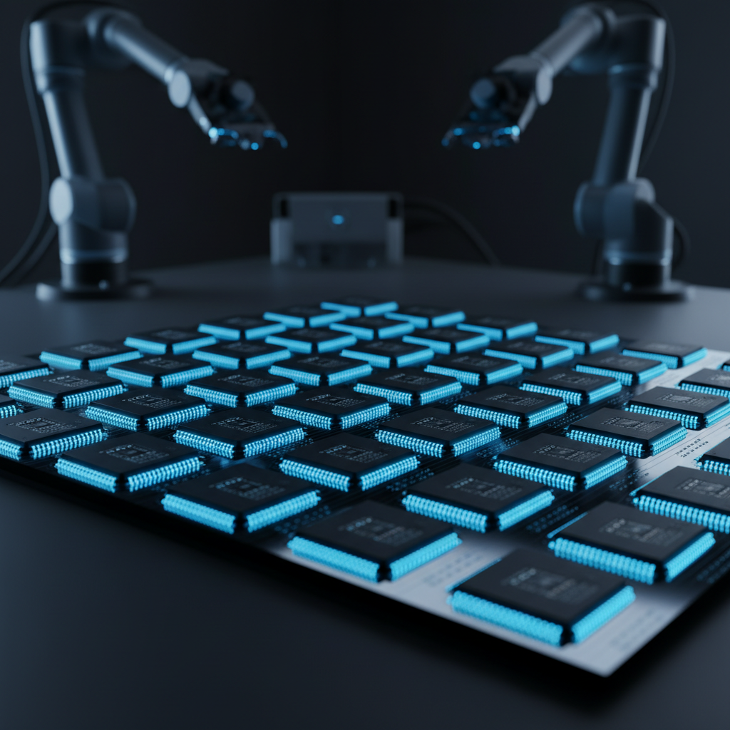 Close up of high tech semiconductor chips on a silicon wafer, glowing blue light accents, modern technology laboratory setting, high contrast, clean layout, no text