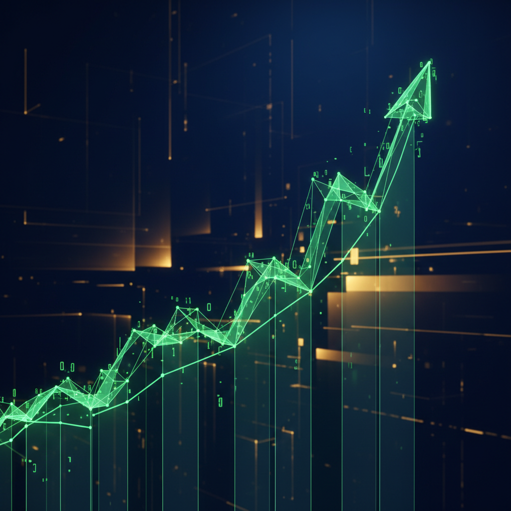 An abstract 3D visualization of a stock market chart showing a clear upward trend with glowing green lines, high contrast, modern layout, rich dark blue and gold background, no text