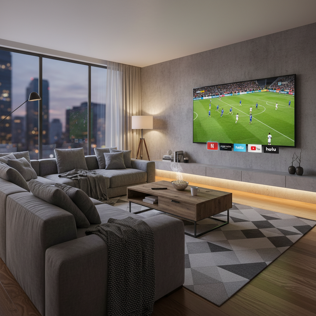 A modern living room with a large TV displaying a football game and various streaming app icons, cozy atmosphere, high quality photography, no text