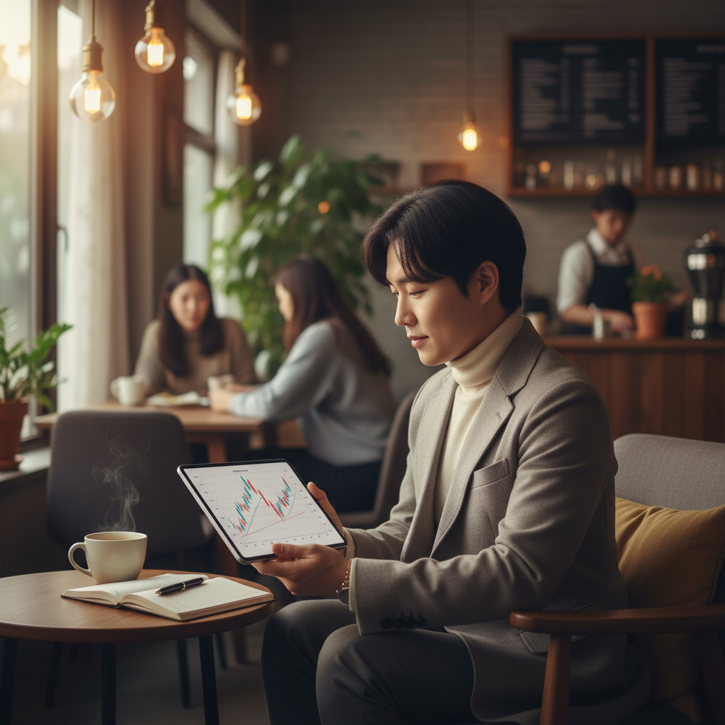 A professional person with Korean appearance looking at financial charts on a tablet in a cozy cafe, warm lighting, natural lifestyle photography, no text