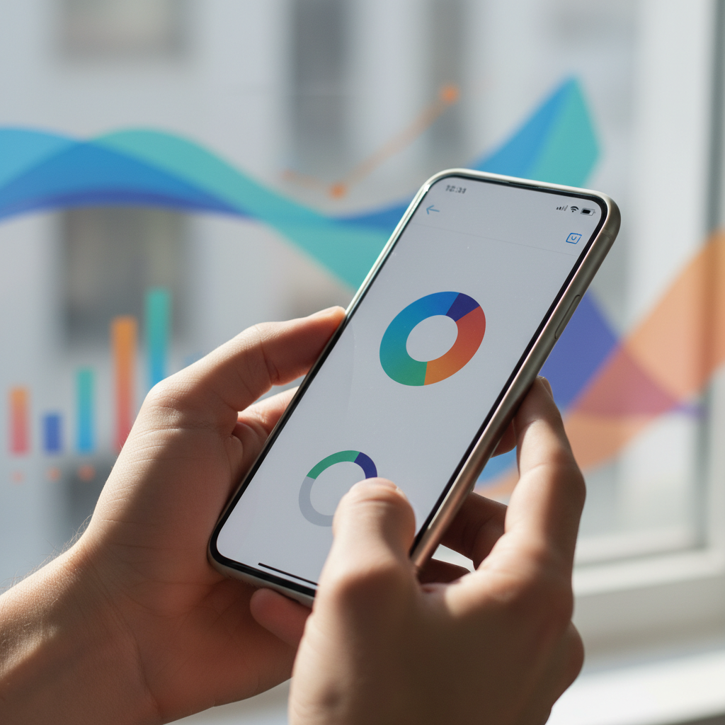 Close up of hands holding a smartphone displaying a clean financial management app, modern minimalist UI, colorful charts in background, soft natural lighting, high contrast, no text