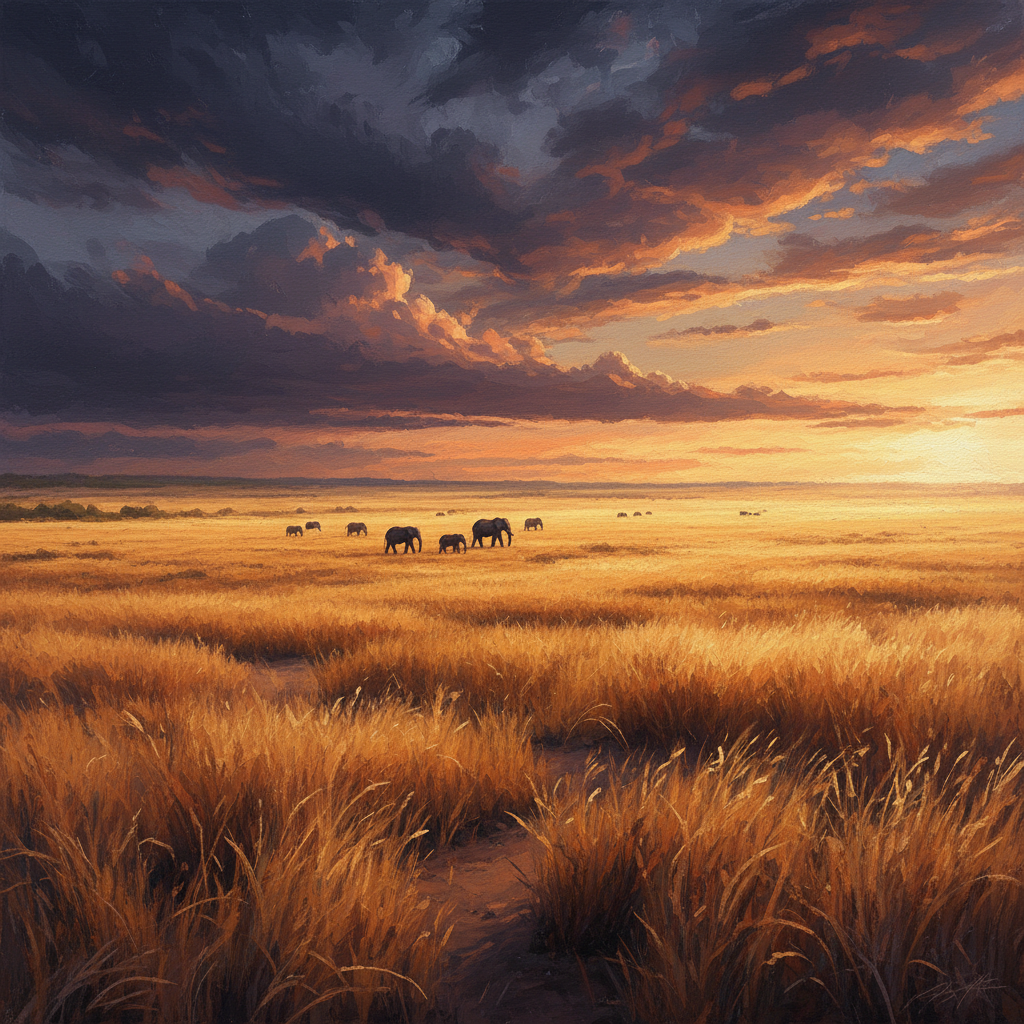 Wide angle landscape of Garamba National Park in Congo, vast golden savanna under a dramatic sky, elephants walking in the distance, warm natural lighting, high contrast, artistic rendering, rich texture