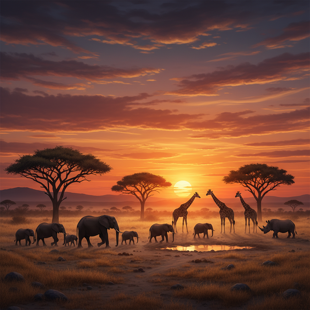 Stunning sunset over the African savanna in Garamba National Park, silhouettes of acacia trees and wildlife, deep orange and purple sky, visually rich composition, textured background, no text