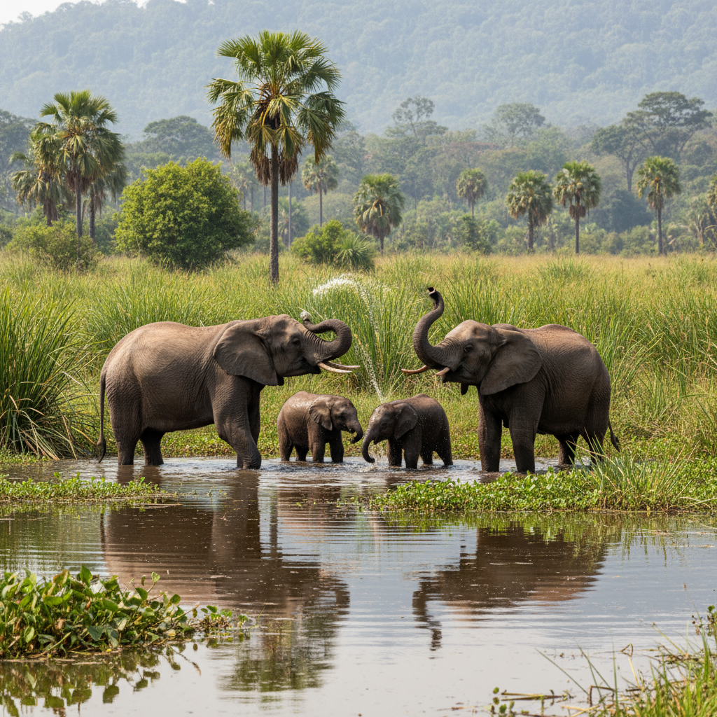 A family of African elephants bathing in a lush swamp within Garamba National Park, clear water reflections, green vegetation, bright balanced lighting, lifestyle photography style, detailed environment