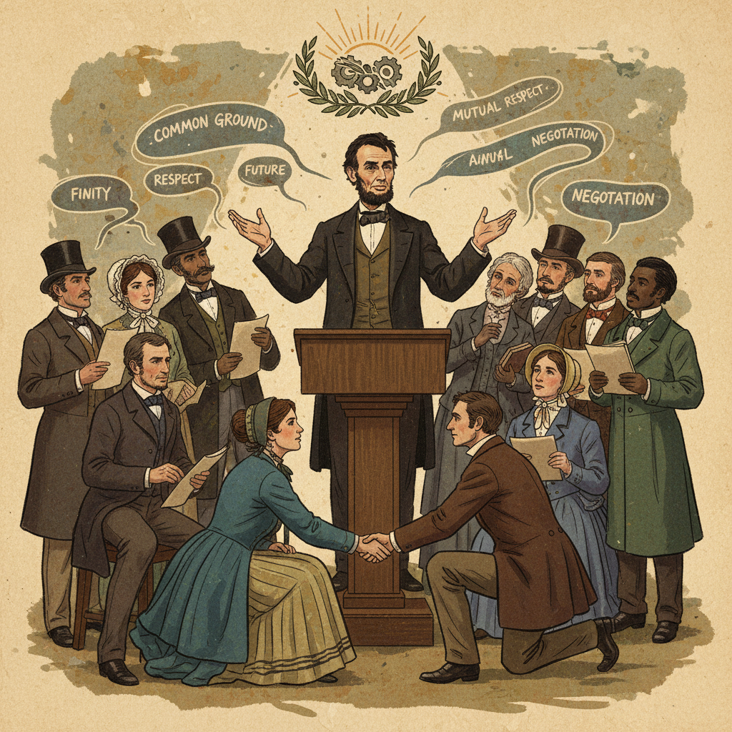 illustration, artistic rendering, textured background of Abraham Lincoln, actively engaging in a political debate or discussion, surrounded by diverse figures. Emphasize dialogue and compromise. Style: historical illustration, textured background.