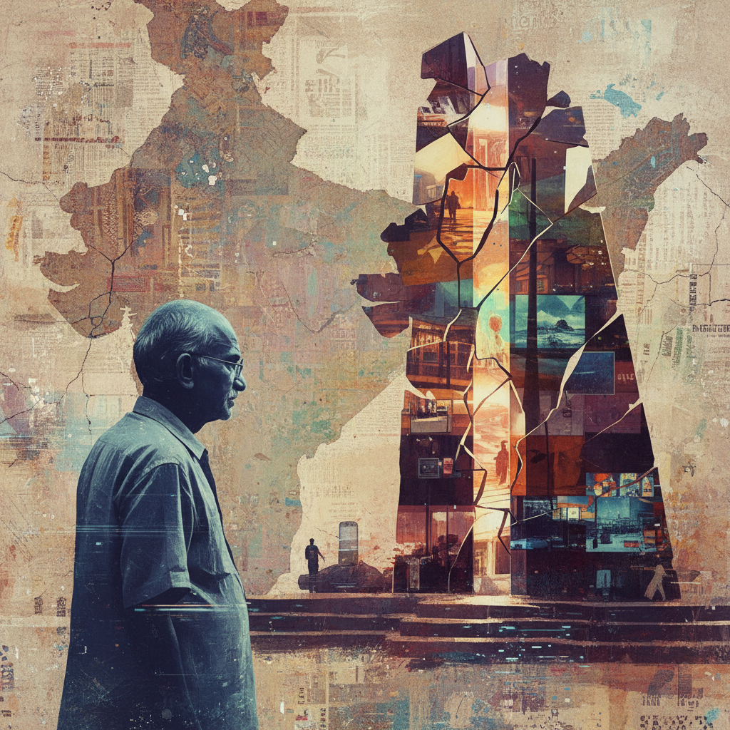 An artistic rendering of a reflective scene, perhaps a lone figure contemplating a historical monument, symbolizing the lasting but altered legacy of Gandhi, textured background, no text