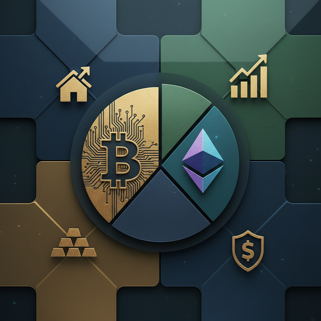 A clean infographic layout showing a diversified investment portfolio with icons for Bitcoin and Ethereum, modern design, professional color palette, rich textures, no text