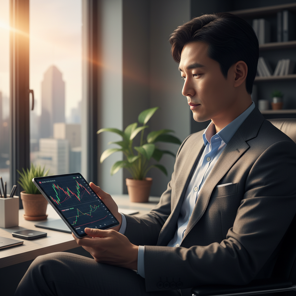 A professional Korean male investor looking at a cryptocurrency market chart on a tablet, dynamic lighting, modern office background, warm tones, high quality lifestyle photography, no text