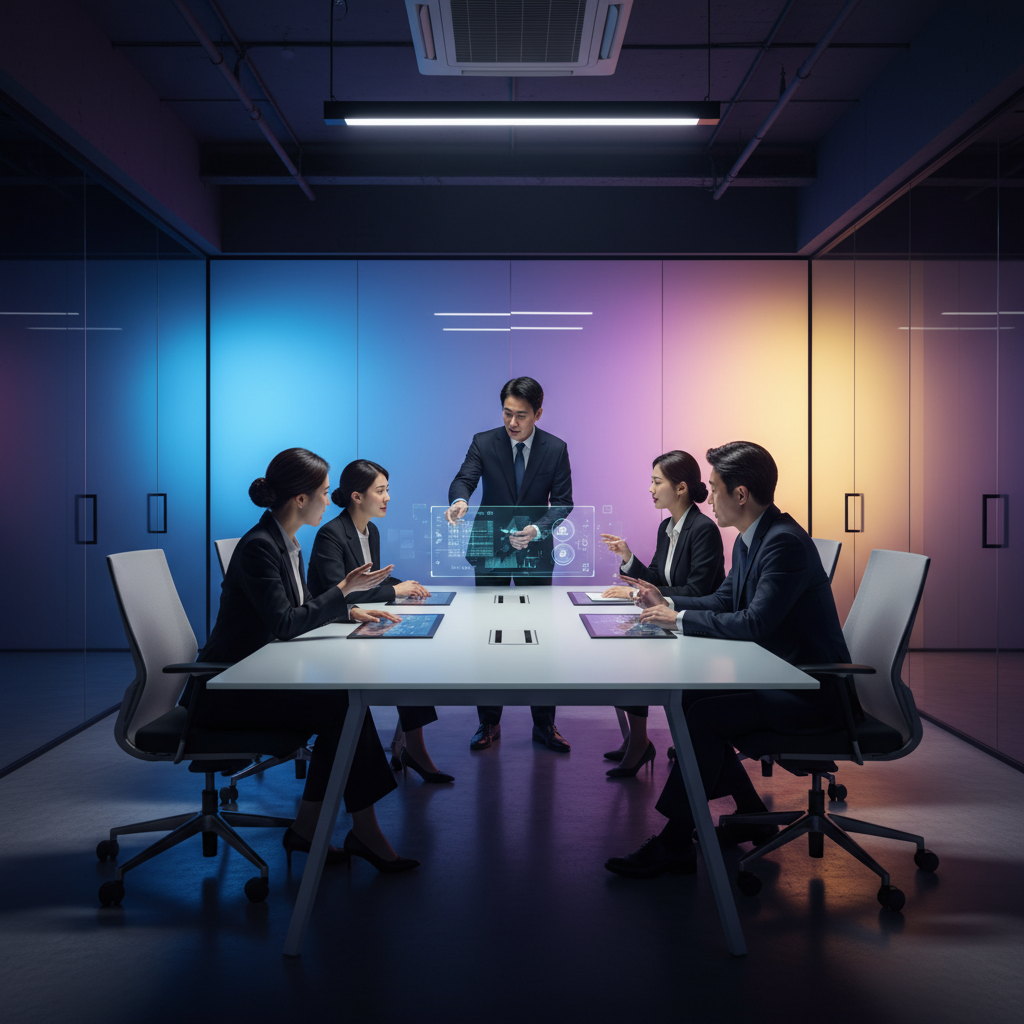 Professionals discussing digital asset regulations in a modern office, clean layout, high contrast, colored background, Korean people included, no text