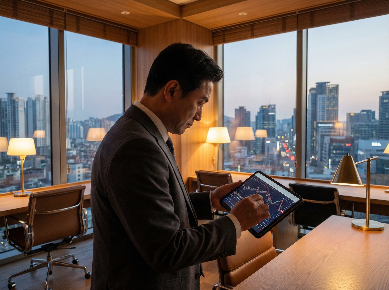 A professional Korean man looking at a digital tablet with financial charts, modern office interior with city view, warm ambient lighting, realistic photography, high quality, 4:3 aspect ratio