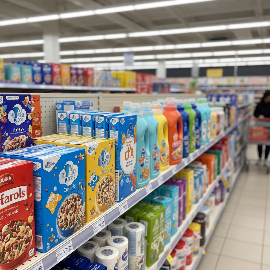 Close up of various branded household consumables like cereal boxes and laundry detergents on retail shelves, bright lighting, colorful packaging, realistic supermarket setting, no text