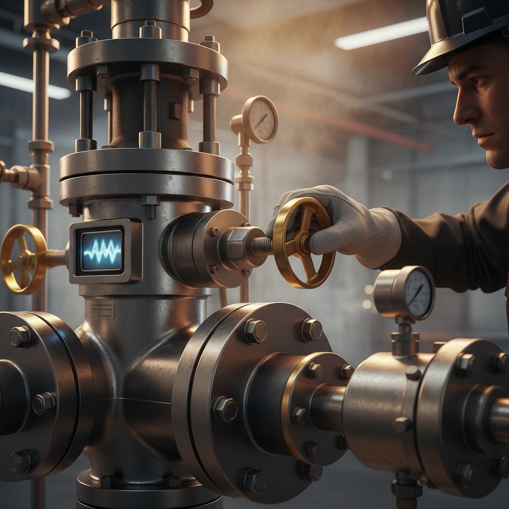 A close-up of a large industrial gas valve being 정교하게 adjusted by a professional technician, focus on metallic textures and blue flame indicators, modern industrial setting, warm lighting, no text