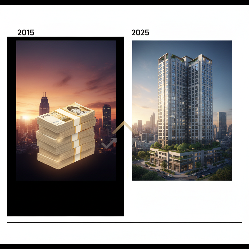 clean infographic, modern layout, high contrast. A visual comparison between a stack of 100,000,000 KRW in 2015 and a luxurious Gangnam apartment building in 2025, with subtle indications of significant value increase. The background should be a gradient city skyline at different times of day. No visible text.