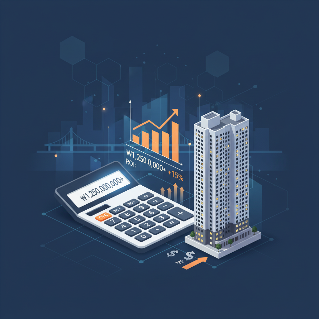 clean infographic, modern layout, high contrast. A stylized image showing a calculator displaying investment figures alongside a miniature model of a Gangnam apartment. The background has subtle financial charts and city elements. No visible text.