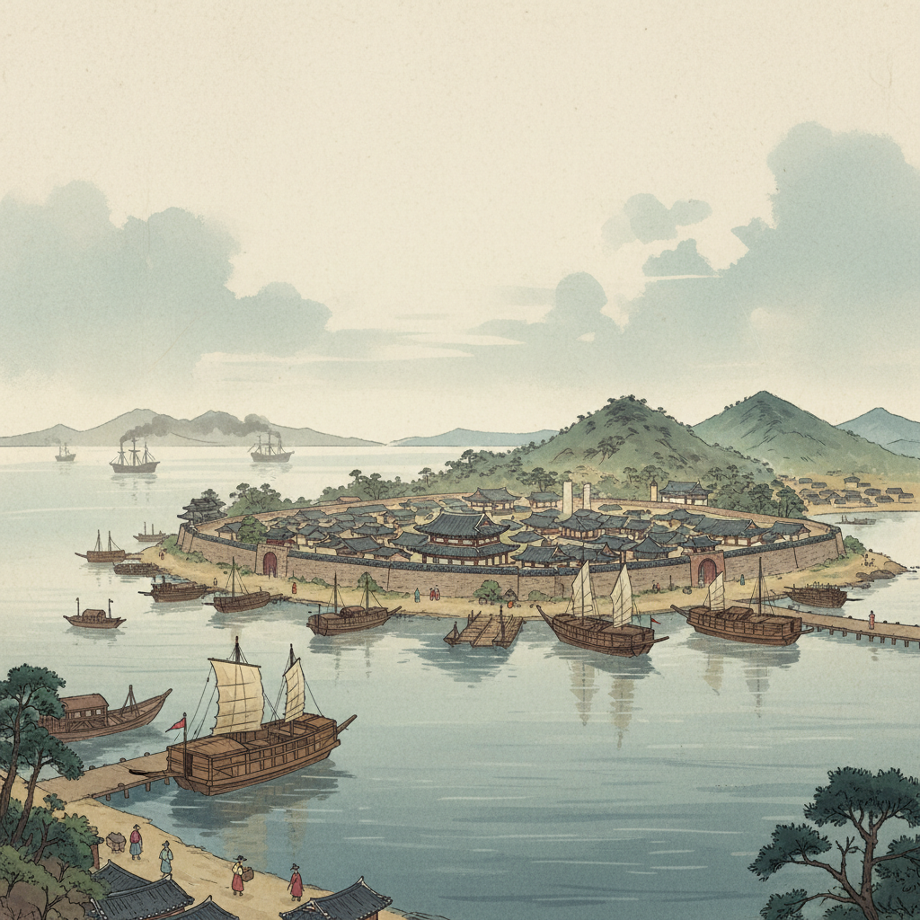 An artistic illustration depicting an isolated Joseon port city, with traditional Korean ships, while distant Western steamships are barely visible on the horizon. The port is quiet, showing lack of trade and foreign interaction. Textured background, muted colors, no text, centered focus.