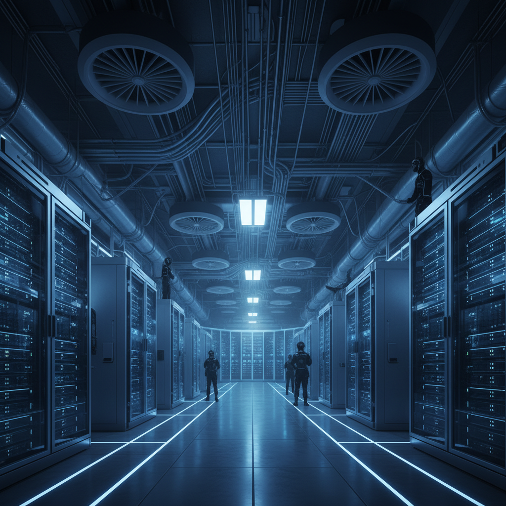 Wide angle view of a massive modern data center with glowing blue server racks, high tech atmosphere, cinematic lighting, detailed composition, no text