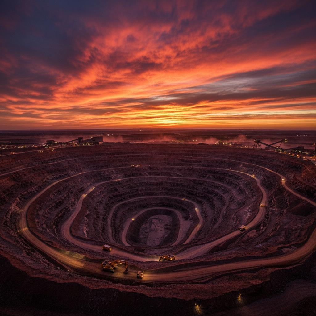 A wide aerial view of a massive open-pit copper mine during a vibrant sunset, deep orange and purple sky, industrial machinery at work, high contrast, visually rich, no text