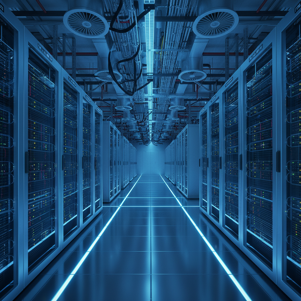 Massive modern data center corridor with glowing blue lights, metallic surfaces, high-tech infrastructure, wide angle, professional photography, no text