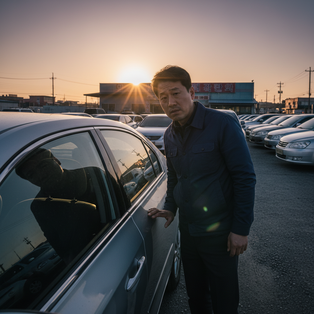 A worried Korean customer looking at a used car at a dealership, sunset lighting, high contrast photography, realistic setting, no text