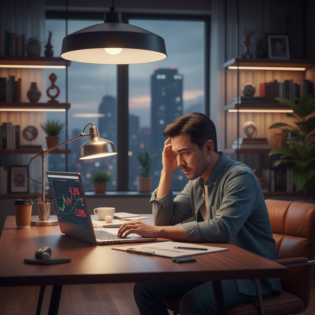 A worried Korean male investor looking at stock charts on a laptop, modern home office setting, warm interior lighting, focused expression, cinematic photography, high quality, no text