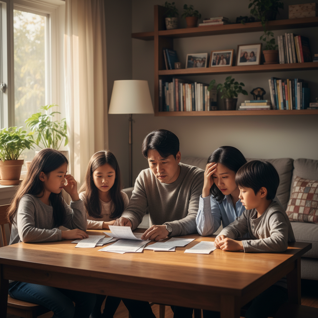 Lifestyle photography of a Korean family living in US looking at medical bills with concerned faces, warm indoor lighting, natural setting, rich background, no text