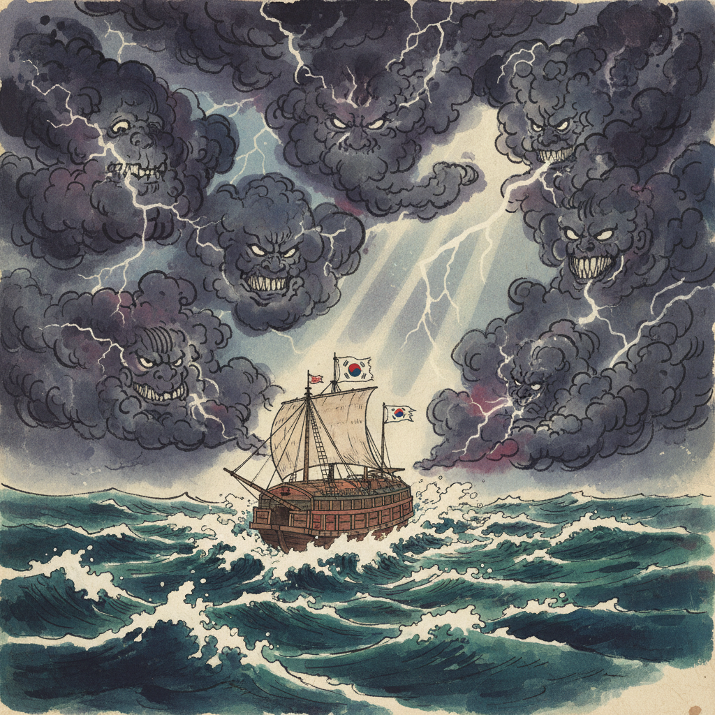 An artistic rendering illustration showing a lone traditional Korean ship navigating turbulent waters, surrounded by ominous dark clouds representing international powers. Textured background, dramatic lighting, no text, centered focus.