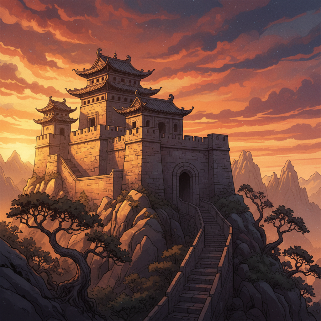 Majestic ancient oriental stone fortress on a steep mountain, high contrast, warm sunset lighting, detailed architecture, artistic rendering, textured sky background, no text