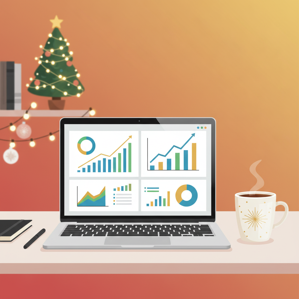 Modern office desk with a laptop displaying financial data, a coffee cup, subtle Christmas decorations in the background, clean infographic style, professional atmosphere, warm gradient background, no text
