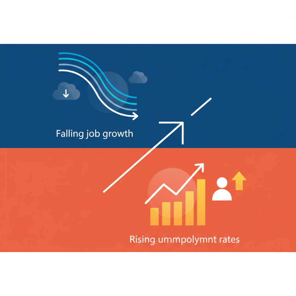 Clean infographic, modern layout, high contrast, showing economic indicators like falling job growth and rising unemployment rates, represented by subtle, abstract charts and icons. Colored background, no visible text.