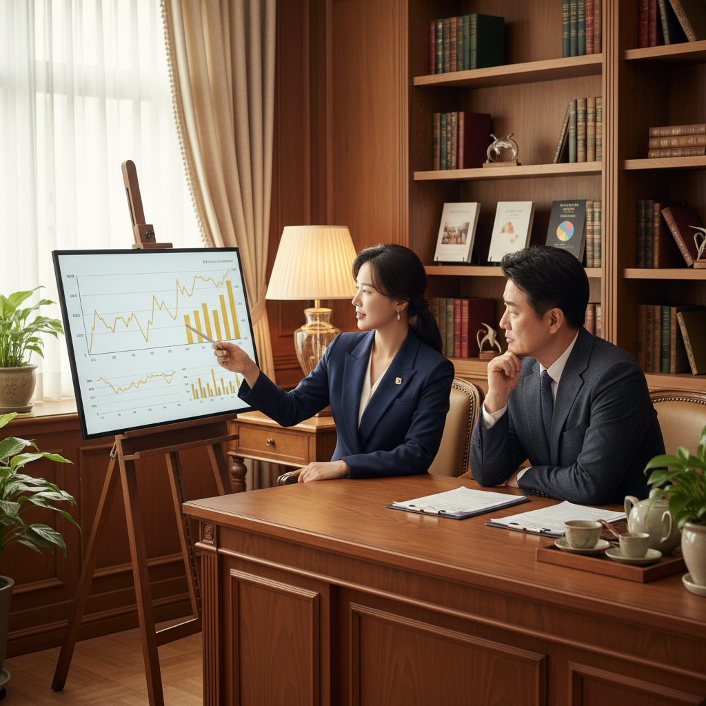 A Korean financial consultant explaining investment gold charts to a client, cozy wooden office, soft lighting, professional atmosphere, no text