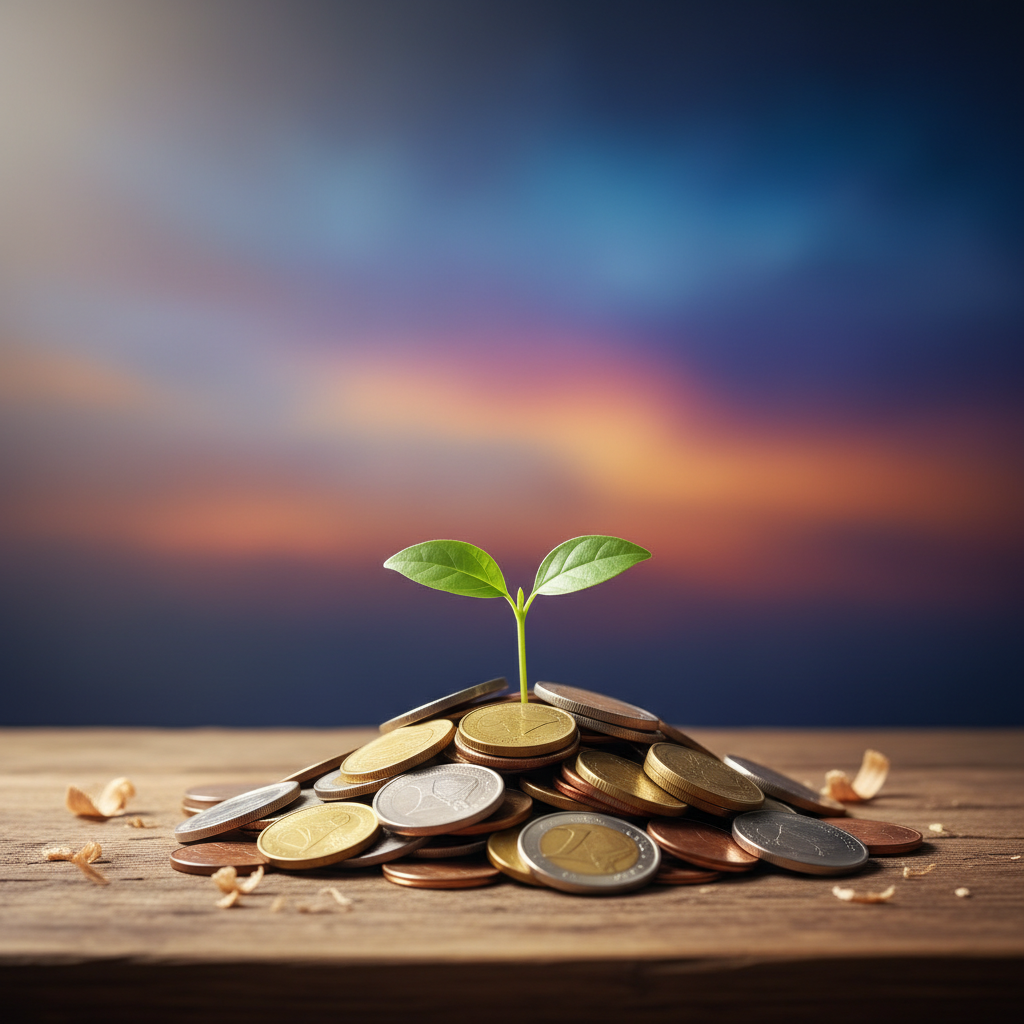 A young plant growing out of a pile of coins on a wooden desk, soft natural sunlight, colored background, visually rich composition, no text
