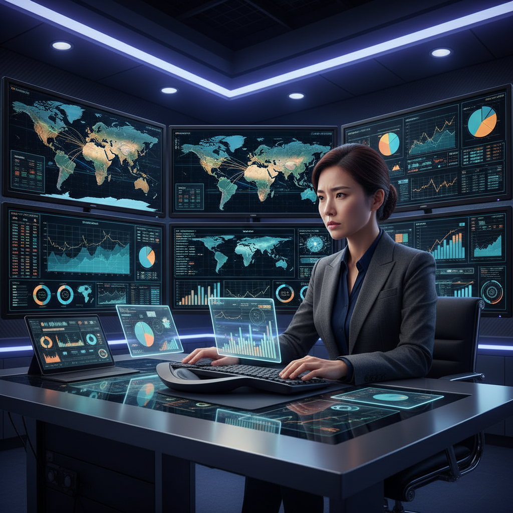 A professional Korean analyst studying multiple monitors with complex global economic maps and data, focused expression, high-tech environment, soft ambient lighting, no text