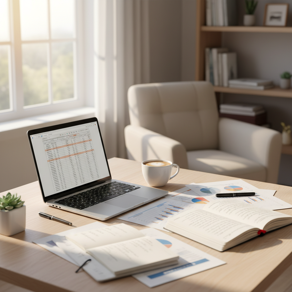 A clean workspace with a laptop and a cup of coffee, financial documents scattered neatly, warm morning sunlight, lifestyle photography, cozy atmosphere, no text