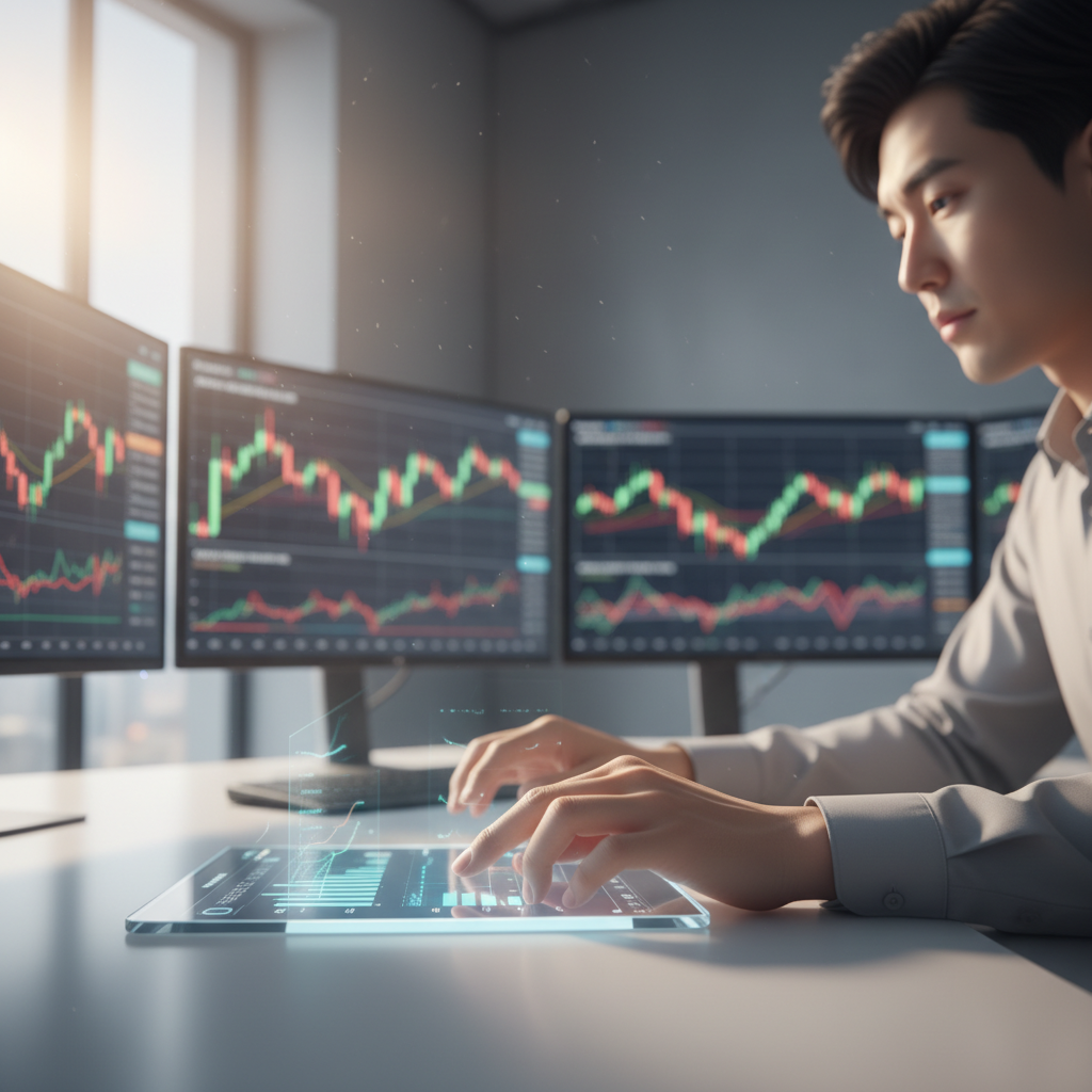 A financial analyst looking at multiple screens displaying blurred stock market charts, natural light from a window, clean workspace, Korean person appearance, focus on hands and device, no text