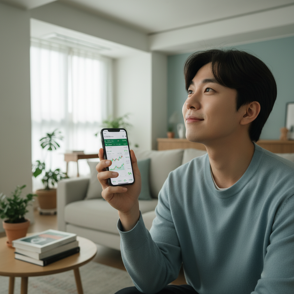 A young Korean person checking financial news on a smartphone with a hopeful expression, modern interior background, soft lighting, lifestyle photography, no text