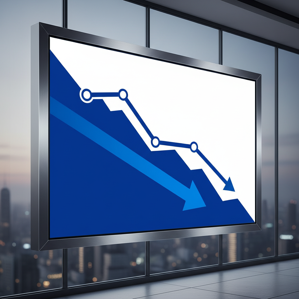 A clean infographic showing a downward trend of inflation rates on a digital screen, modern layout, high contrast blue and white background, professional financial setting, no text