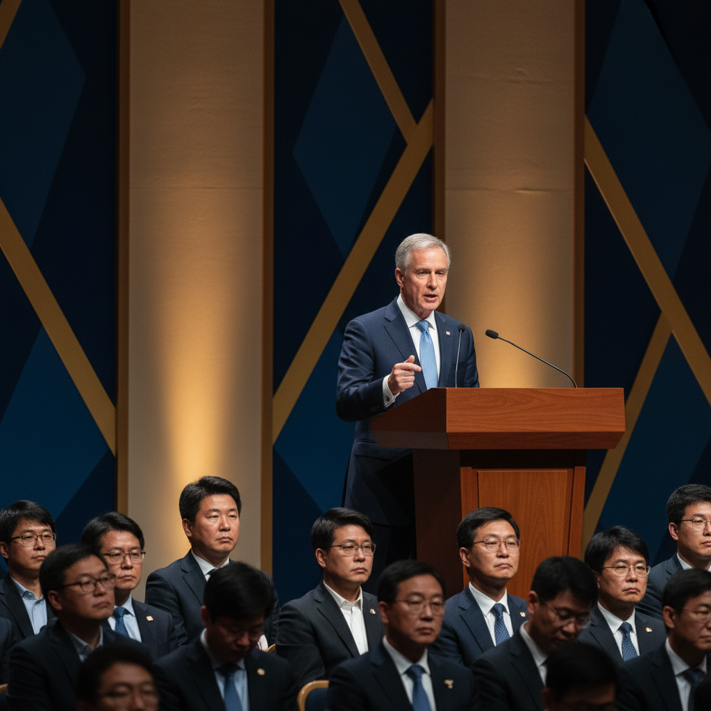 Christopher Waller giving a speech at a modern economic summit, professional setting with warm ambient lighting, blue and gold background tones, Korean audience members in the foreground, high contrast realistic photography, no text