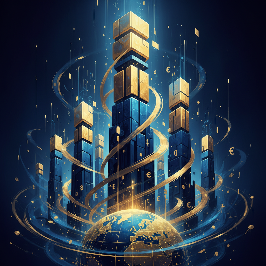 A symbolic representation of global finance with abstract pillars of stability, deep blue and gold color palette, artistic rendering, no text