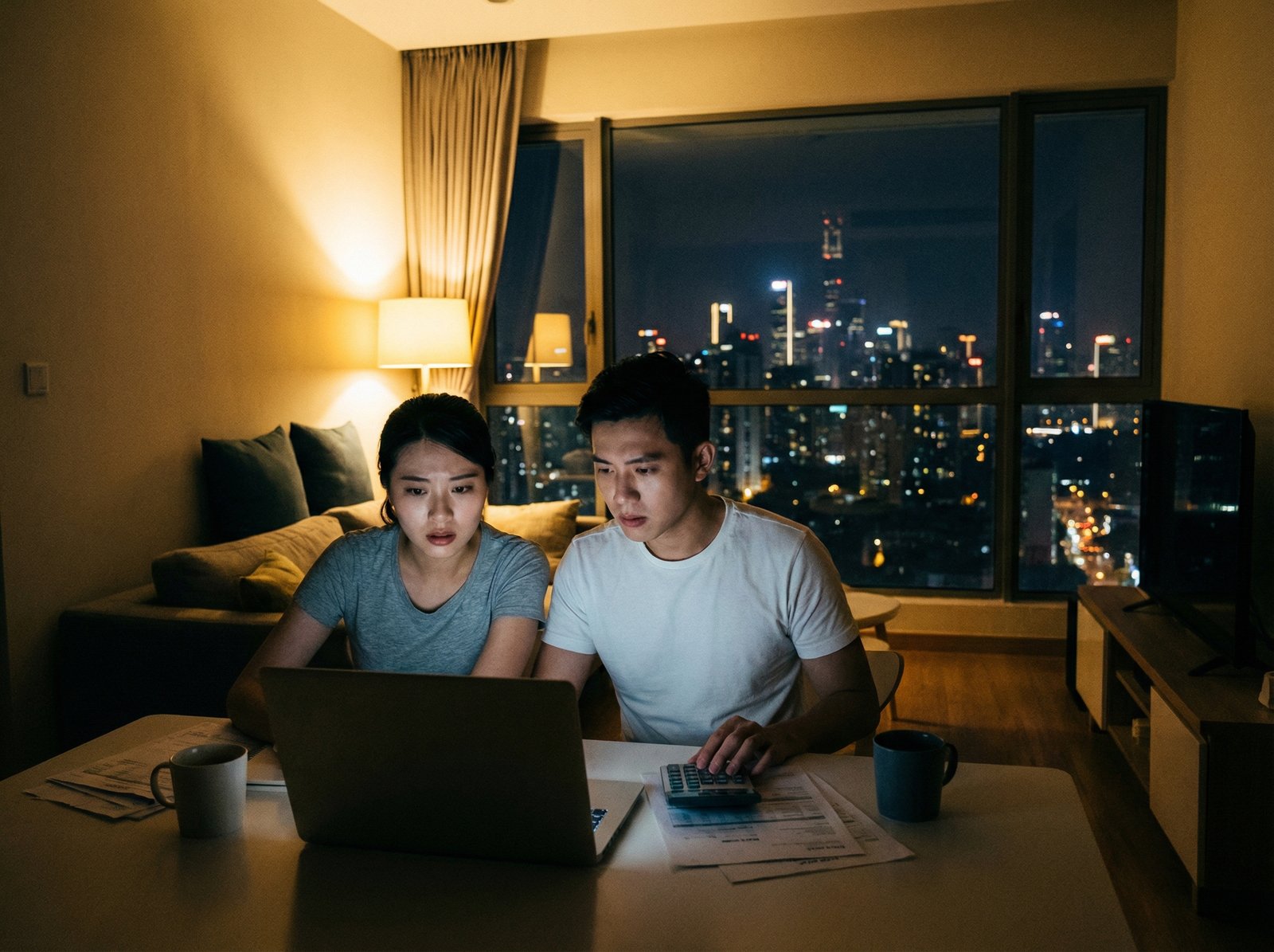 A young Chinese couple sitting in a modern apartment looking at a laptop and calculator with a concerned expression, cityscape visible through the window at night, cinematic lighting, high contrast, 4:3