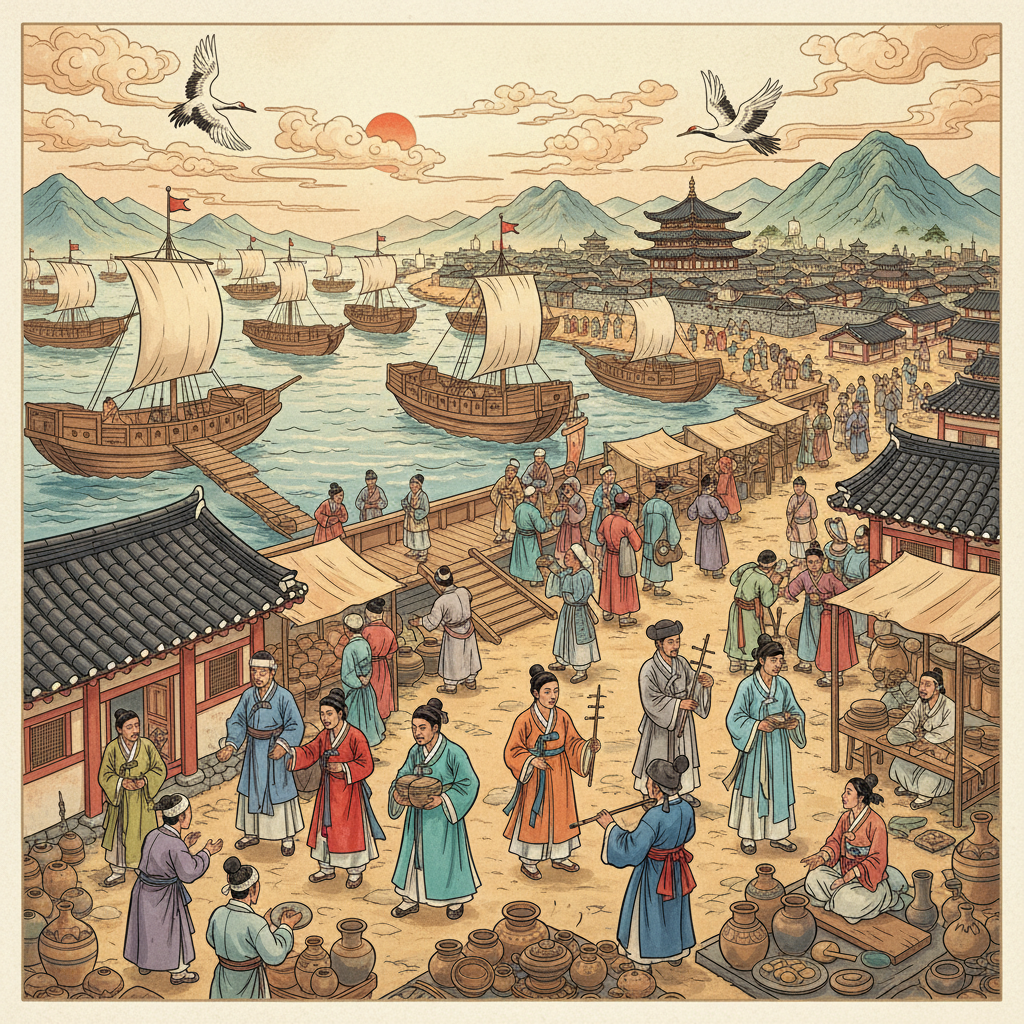 An artistic illustration depicting lively trade and cultural exchange in a Goguryeo port city. Show ships arriving, merchants exchanging goods, and people from different cultures interacting. Style: illustration, artistic rendering, textured background, bright, balanced lighting. Korean appearance. No text.