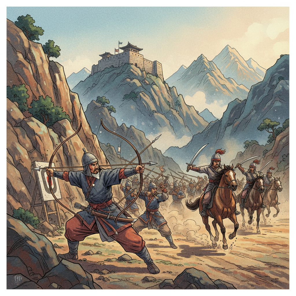 An dynamic illustration of Goguryeo soldiers undergoing military training in a rugged mountainous landscape. Show archers, spearmen, and cavalry in action, with a fortress wall in the distance. Style: illustration, artistic rendering, textured background, bright, balanced lighting. Korean appearance. No text.